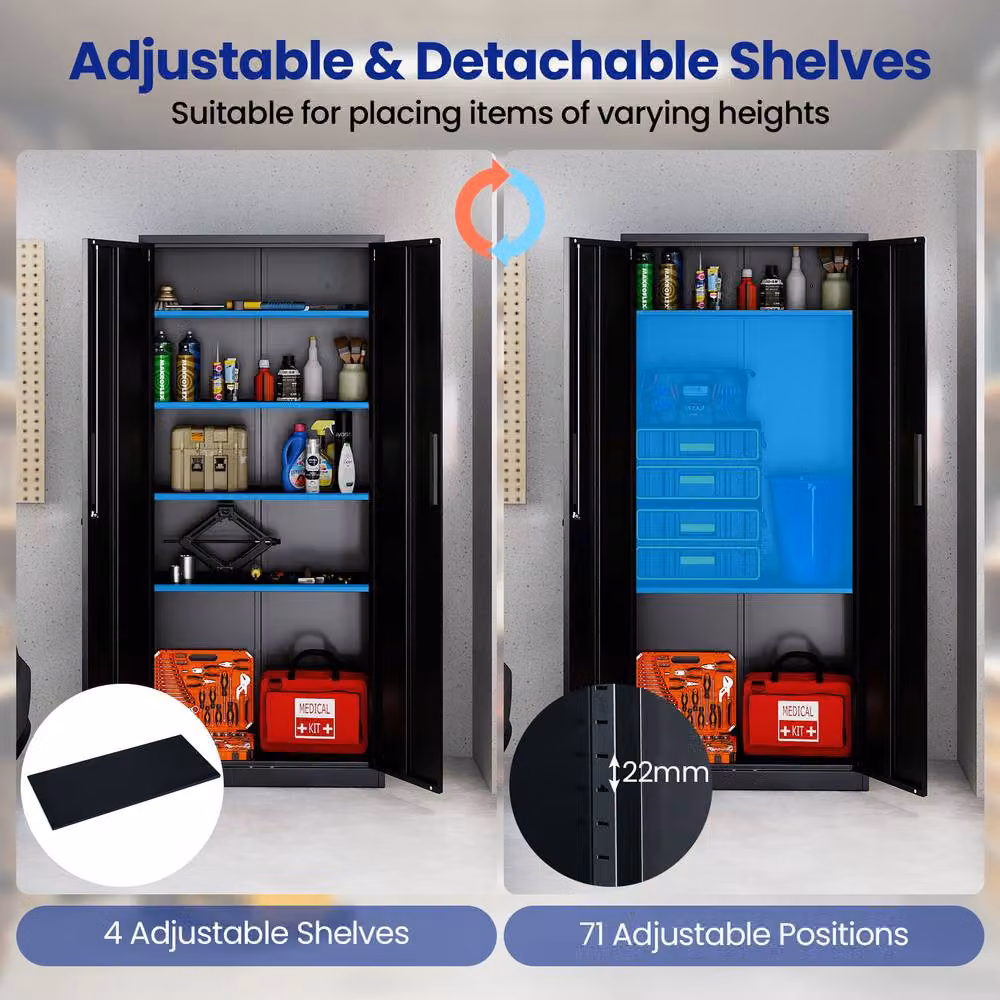 Gymax Lockable 2-Door Steel Tool Cabinet and Pantry in Black, W/D/H: 90 x 45 x 180 cm – 7