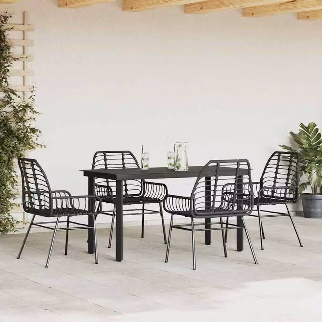 Berkfield Home Beautiful 5 Piece Garden Dining Set in Black Poly Rattan with Glass Top