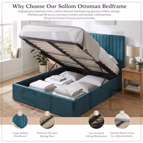 FWStyle King Size Ottoman Storage Bed in Petrol Blue Velvet, W/D/H: 112.5 x 169 x 217 cm – 4