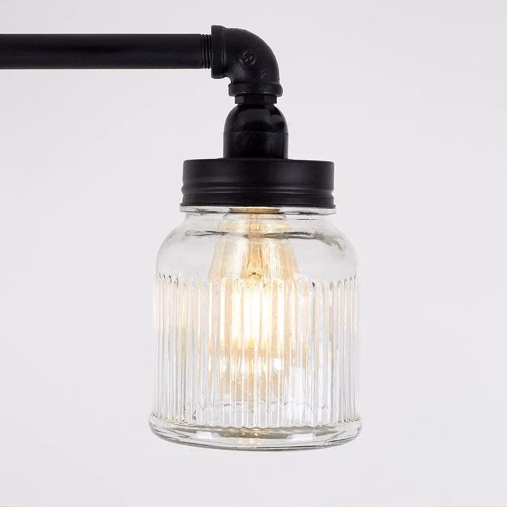 ValueLights Luiggi Black Industrial Bar Ceiling Light with Transparent Glass Ribbed Shades and Included Bulbs – 2