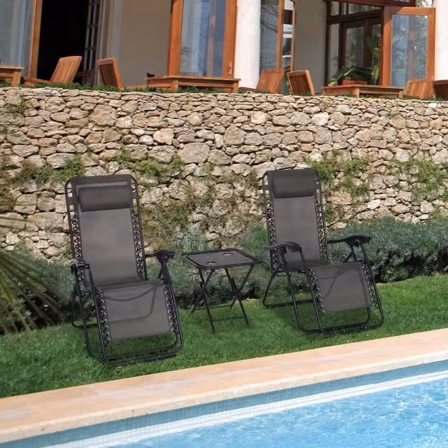 OUTSUNNY 3-Piece Zero Gravity Sun Lounger and Table Set in Dark Grey with Cup Holders and Adjustable Headrests