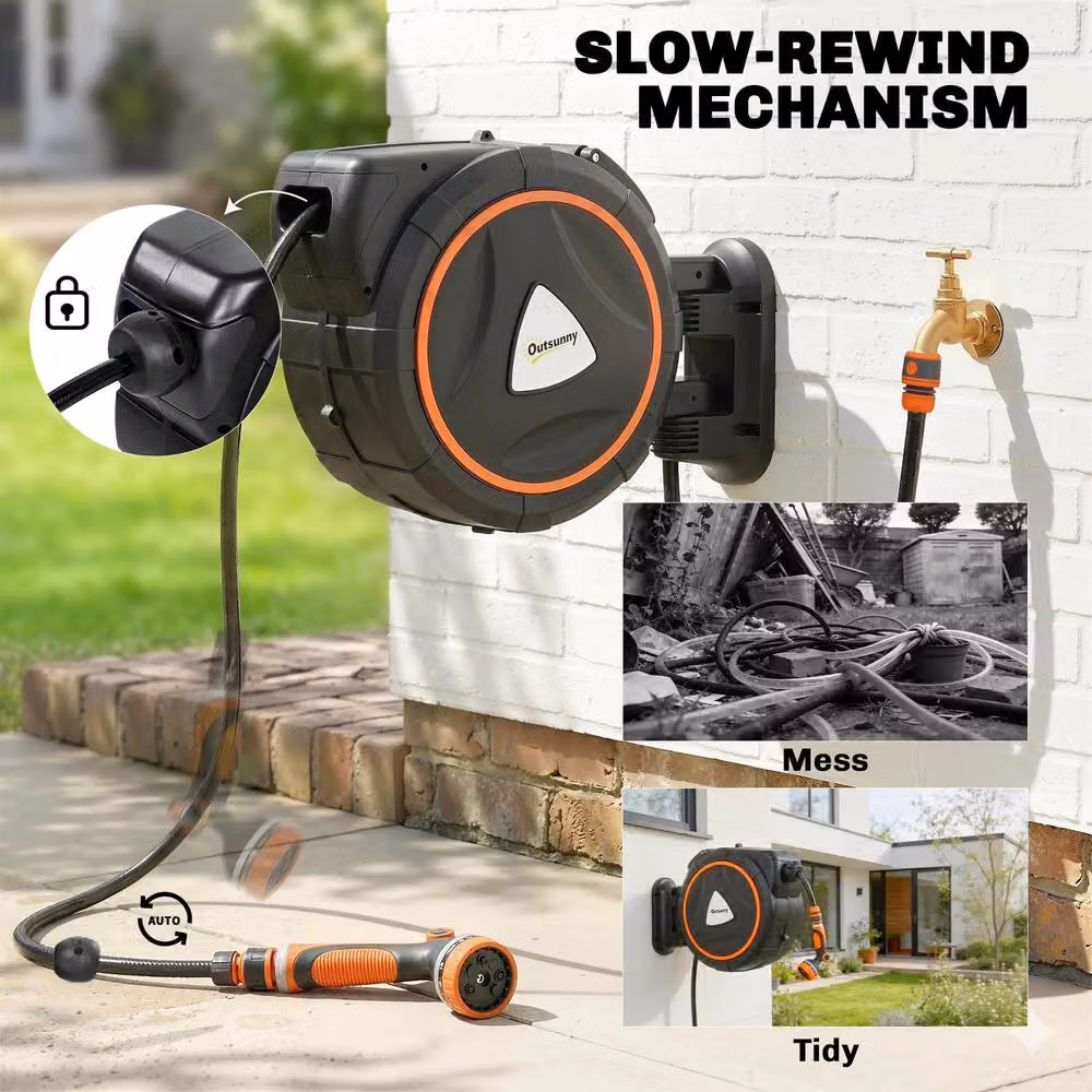 OUTSUNNY Wall Mounted Retractable Hose Reel with Auto Retraction, Orange, 28+2m – 5