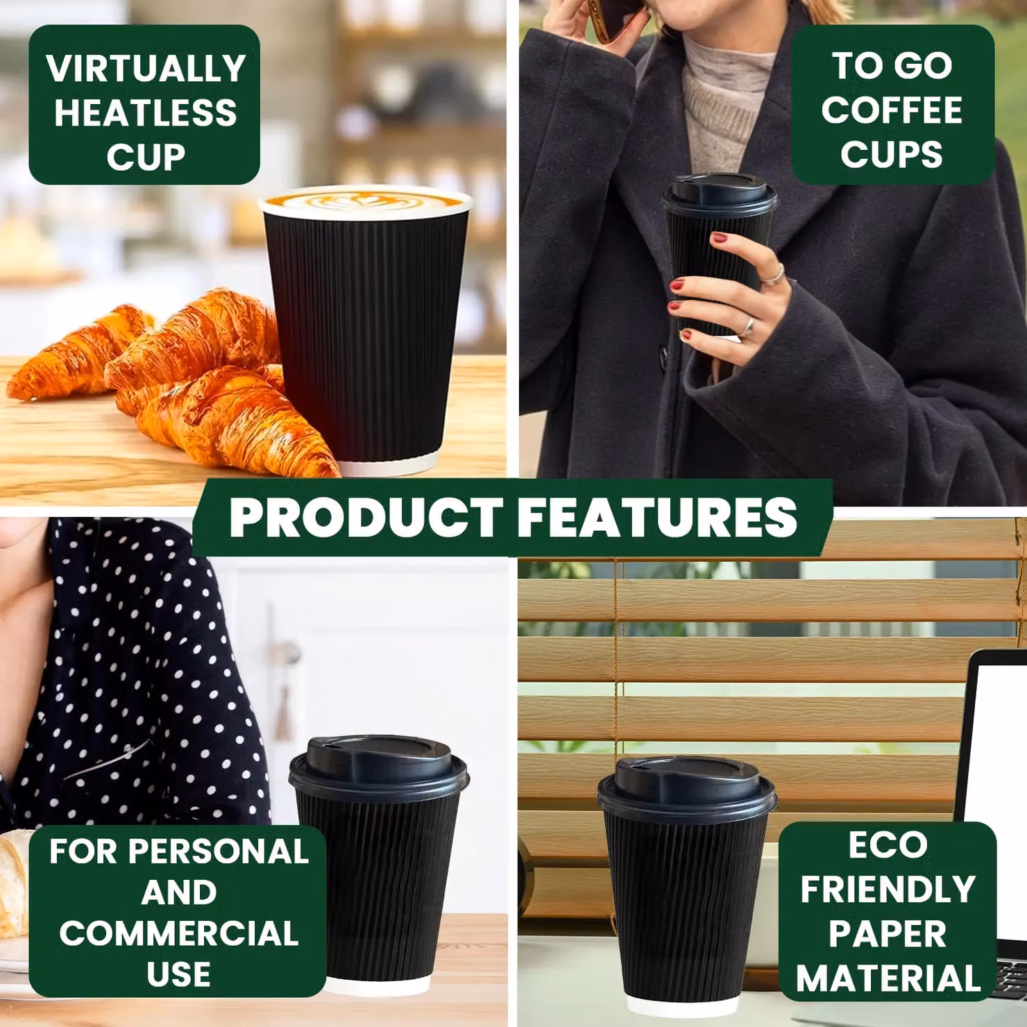 ECONX 250 Disposable 12oz Paper Coffee Cups with Lids, Triple Walled Insulated Ripple Design for Hot and Cold Drinks, Black – 12