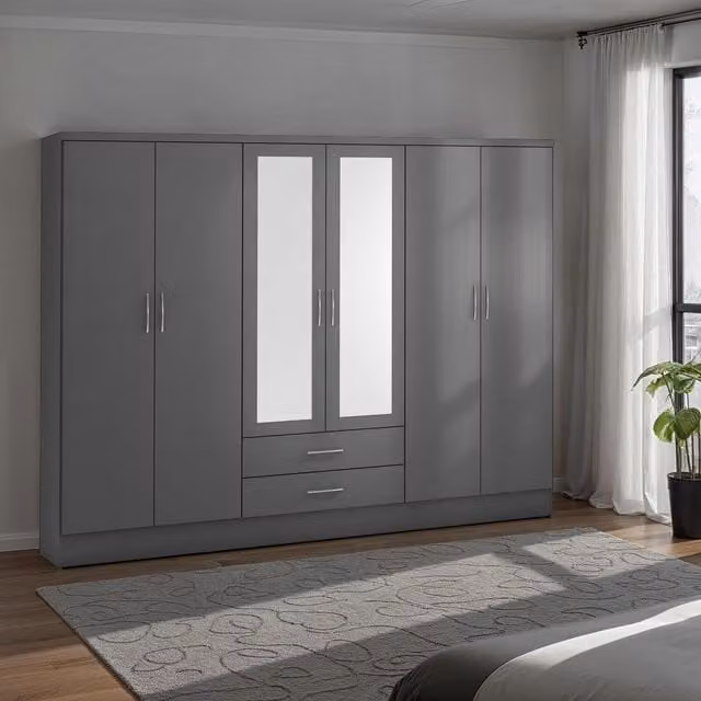 Seconique Nevada 6 Door 2 Drawer Mirrored Wardrobe in Matt Grey