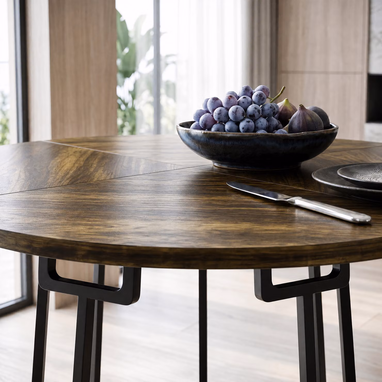 HOMCOM Round Dining Table with Spliced MDF Top and Conical Metal Base, Rustic Brown and Black, Diameter: 120 cm, Height: 75 cm – 9