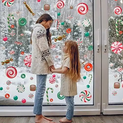 WALPLUS Reusable Double Sided Christmas Window Stickers with Peppermint Candy and Sweets Designs, 46 Pieces, Multicolour – 3