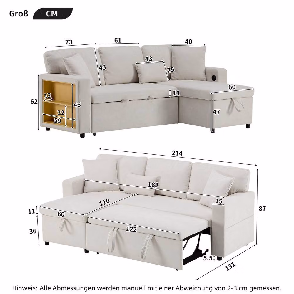 STILVORA 3 Seater Reversible Sofa Bed with USB Charging and Storage in Beige Fabric – 2