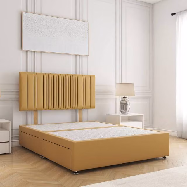 BSSPOKE Florence Double Plush Velvet Divan Bed with 24 inch Headboard and 4 Drawers in Yellow, W/D/H: 140 x 200 cm