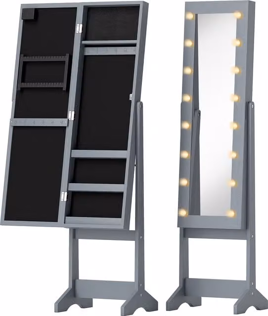 HOMCOM Free Standing Full-Length Mirror Jewellery Cabinet with LED Lights and Internal Storage, Grey – 1