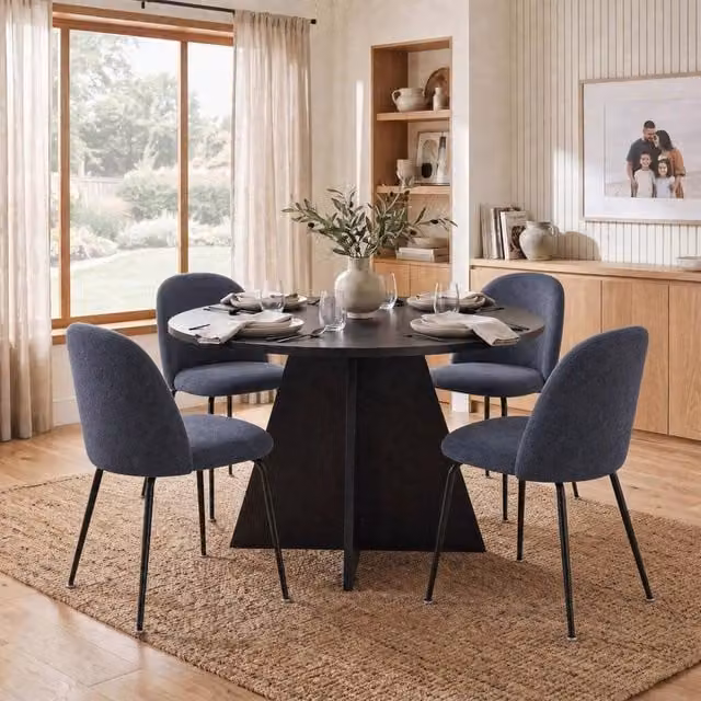 FWStyle Modern Round Black Oak Dining Table and 4 Steel Blue Dining Chairs Set – 1