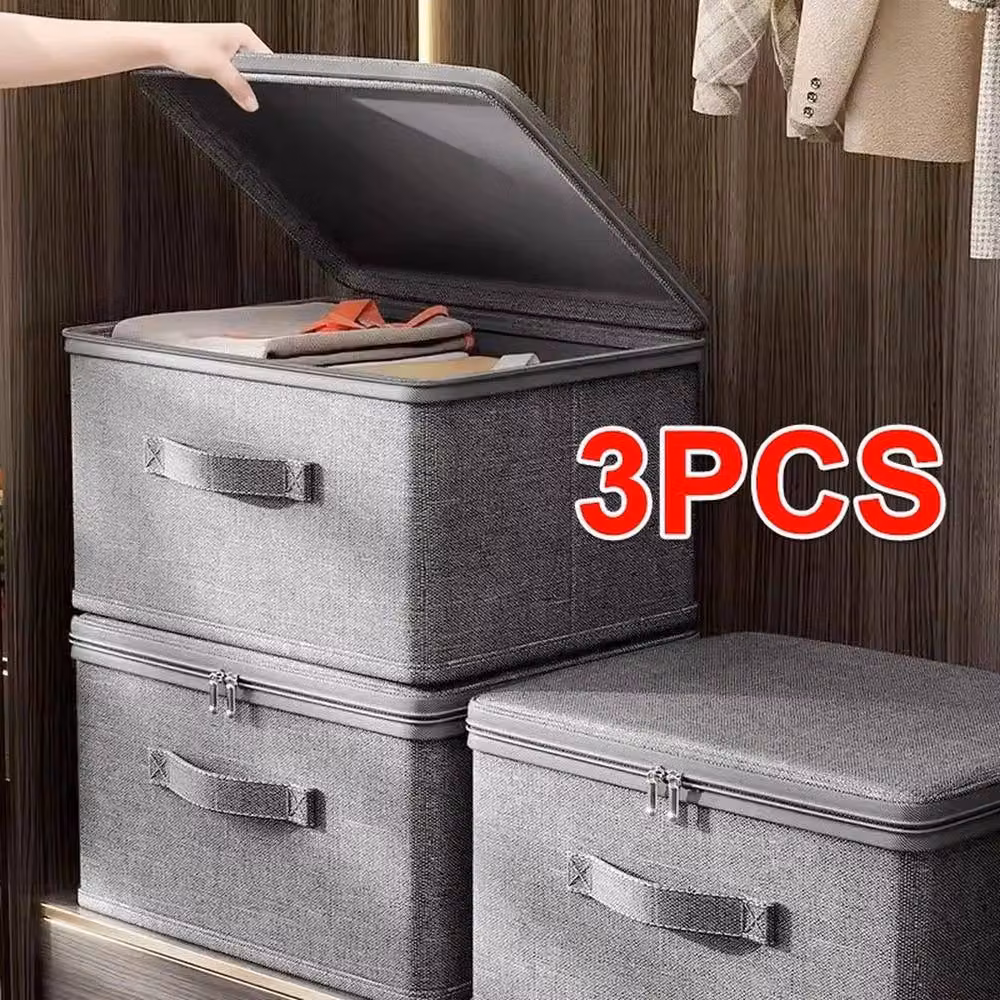 FLAVORA Set of 3 Large Foldable Canvas Storage Boxes with Lids and Handles, Grey, W: 50 cm, D: 50 cm, H: 50 cm – 3