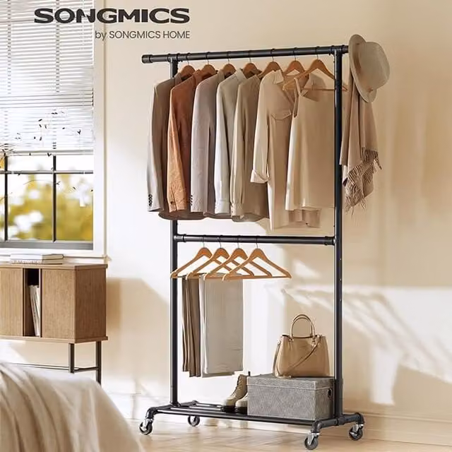 SONGMICS Heavy Duty Industrial Double Clothes Rail in Black Metal