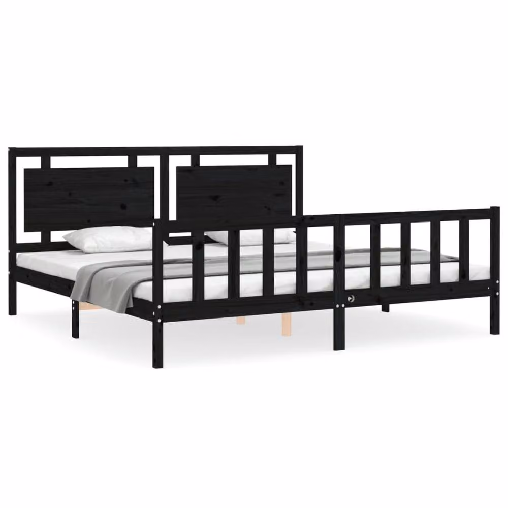Berkfield Home Beautiful Solid Wood Bed Frame with Headboard in Black W/D/H: 200 x 200 x 205.5 cm – 2