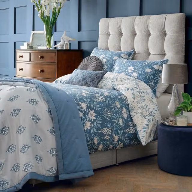 Laura Ashley Parterre Seaspray Floral Cotton Duvet Cover and Pillowcase Set in White and Blue