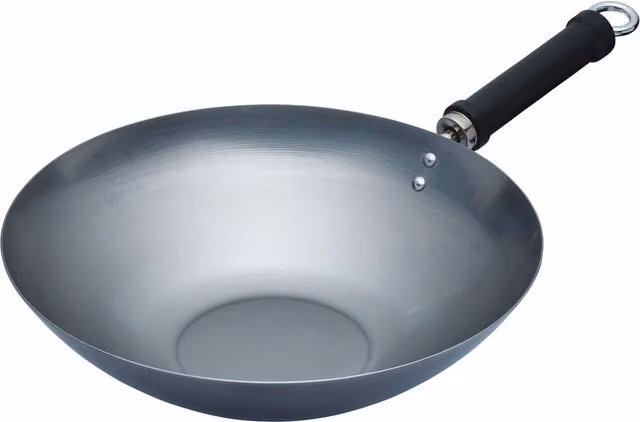 KitchenCraft Oriental Plain Uncoated Carbon Steel Wok, Grey, 30 cm – 1