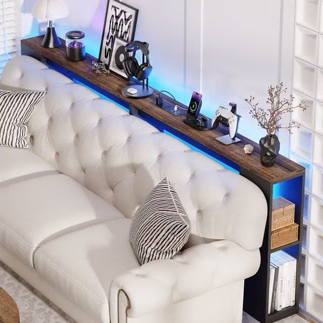 BROTTAR Black Behind Couch Table with Lights and Bookcase