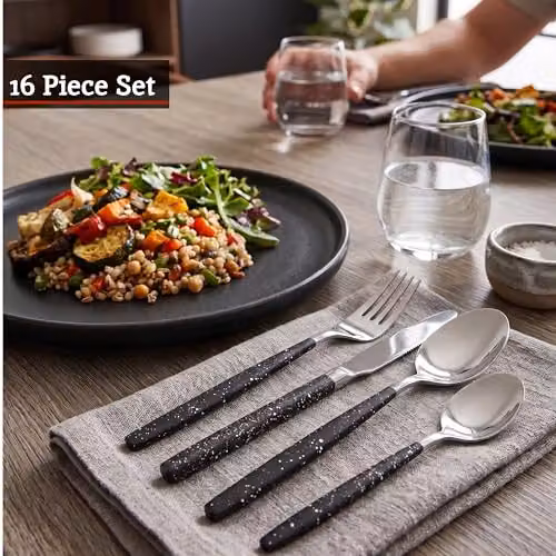Premier Housewares 16 Piece Stainless Steel Cutlery Set in Black and Silver with Polished Finish – 2