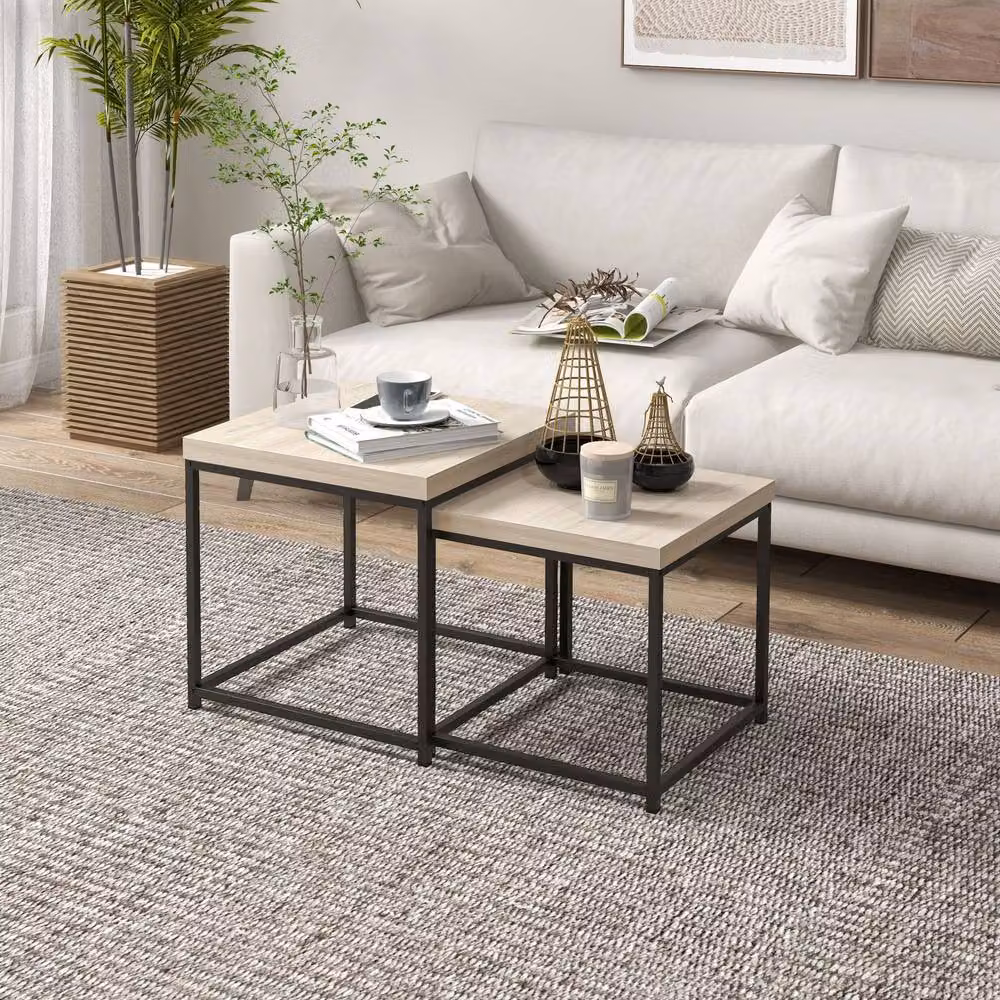 ERGOVEXA Nest of 2 Coffee Tables in Light Oak with 3.5cm Thick Tabletop – 4