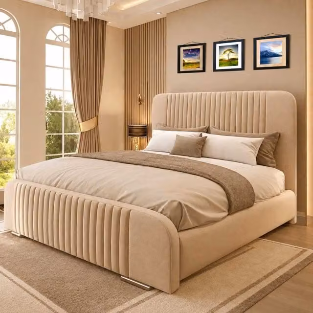 K Mehmood Enterprise Ltd Oval Divan Ottoman Bed in Beige Fabric, W/D/H: 120 x 200 cm