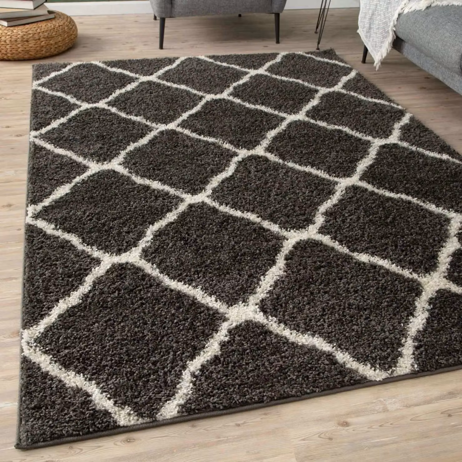 THE RUGS Moroccan Soft High Pile Shaggy Lattice Rug, Dark Grey, W: 160 cm, D: 230 cm – 5