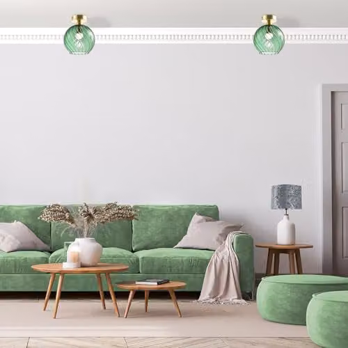 Happy Homewares Designer Chic Ceiling Light Fitting with Brushed Gold Base and Emerald Green Swirl Glass Shade, W/D/H: 23 x 20 x 20 cm – 2