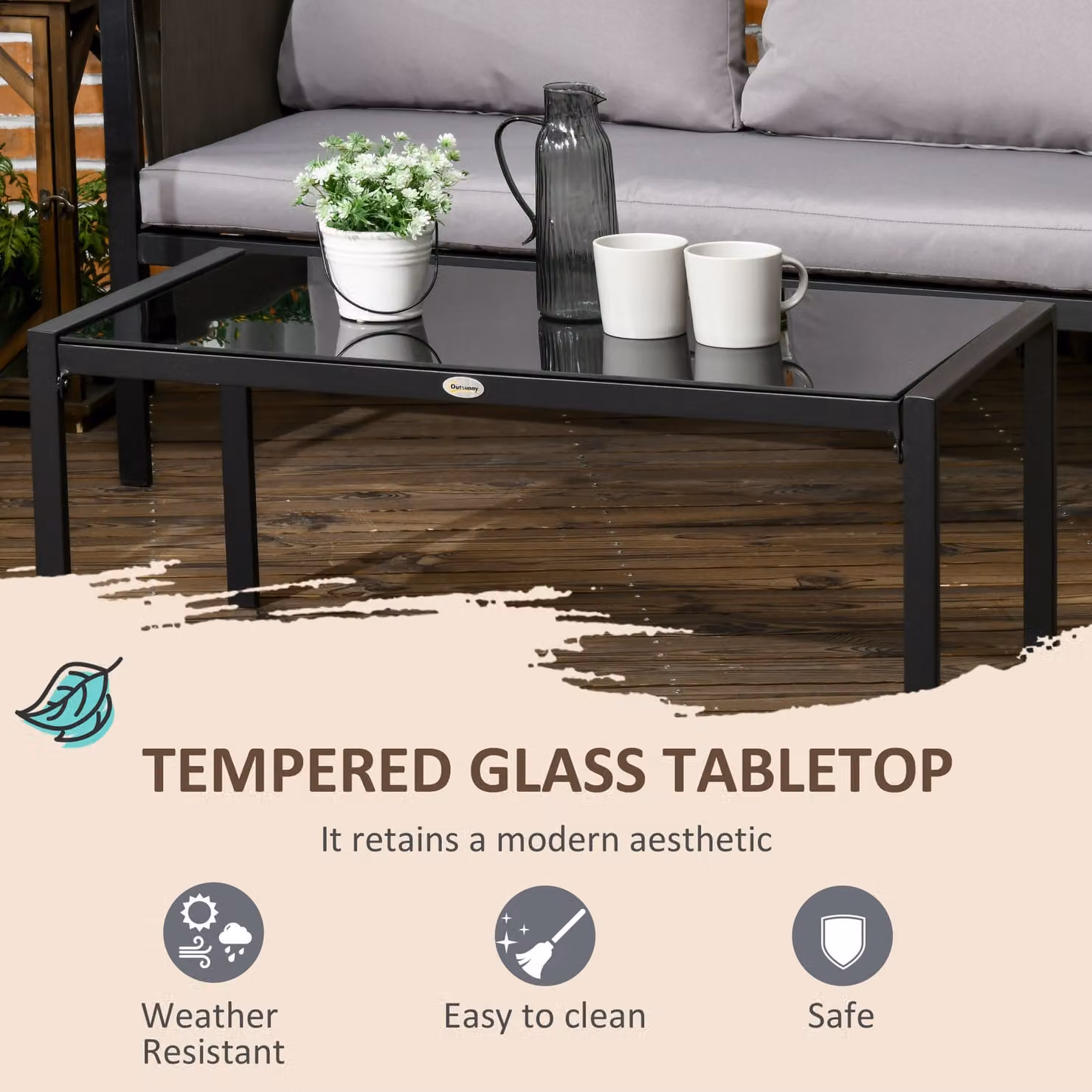 Outsunny 4 Piece Modern Garden Furniture Set in Grey with Powder Coated Steel Frame, Textilene Fabric, Upholstered Cushions and Glass Coffee Table – 5