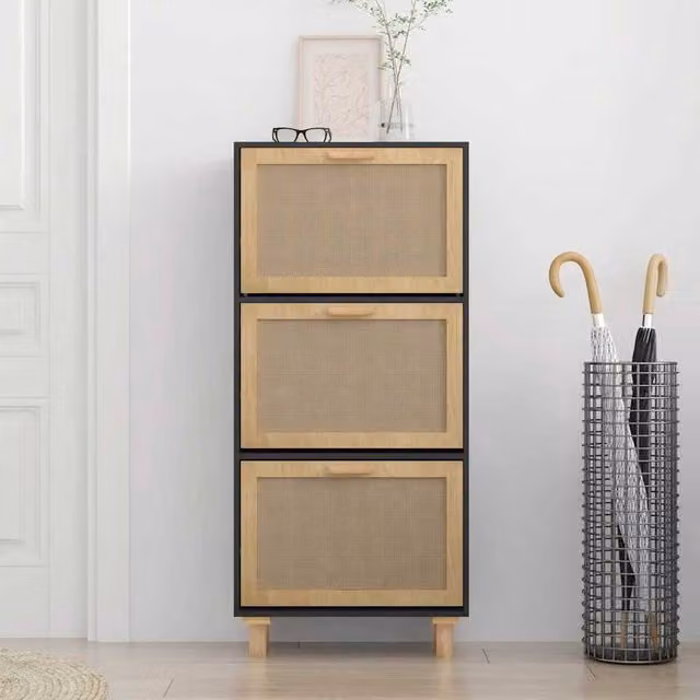 Berkfield Home Black Shoe Cabinet with Natural Rattan and Tilting Compartments, W/D/H: 52 x 25 x 115 cm – 1