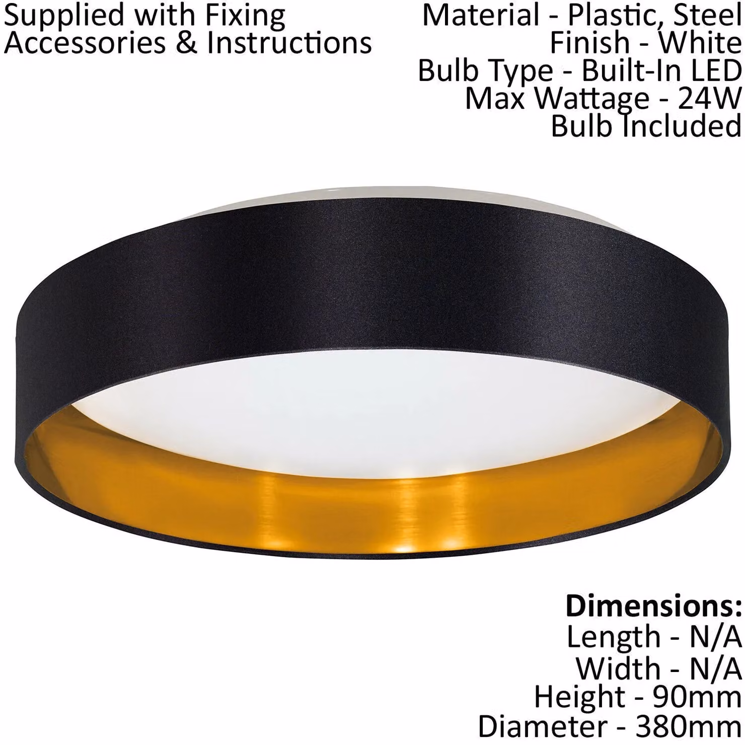 Loops LED Flush Ceiling Light in White with Black and Gold Fabric Shade, 24W Included – 2