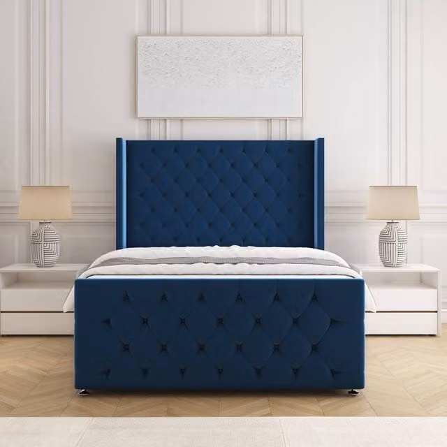 BSSPOKE Florida Velvet Divan Bed with Headboard and Footboard in Blue, King Size, W/D/H: 180 x 200 cm