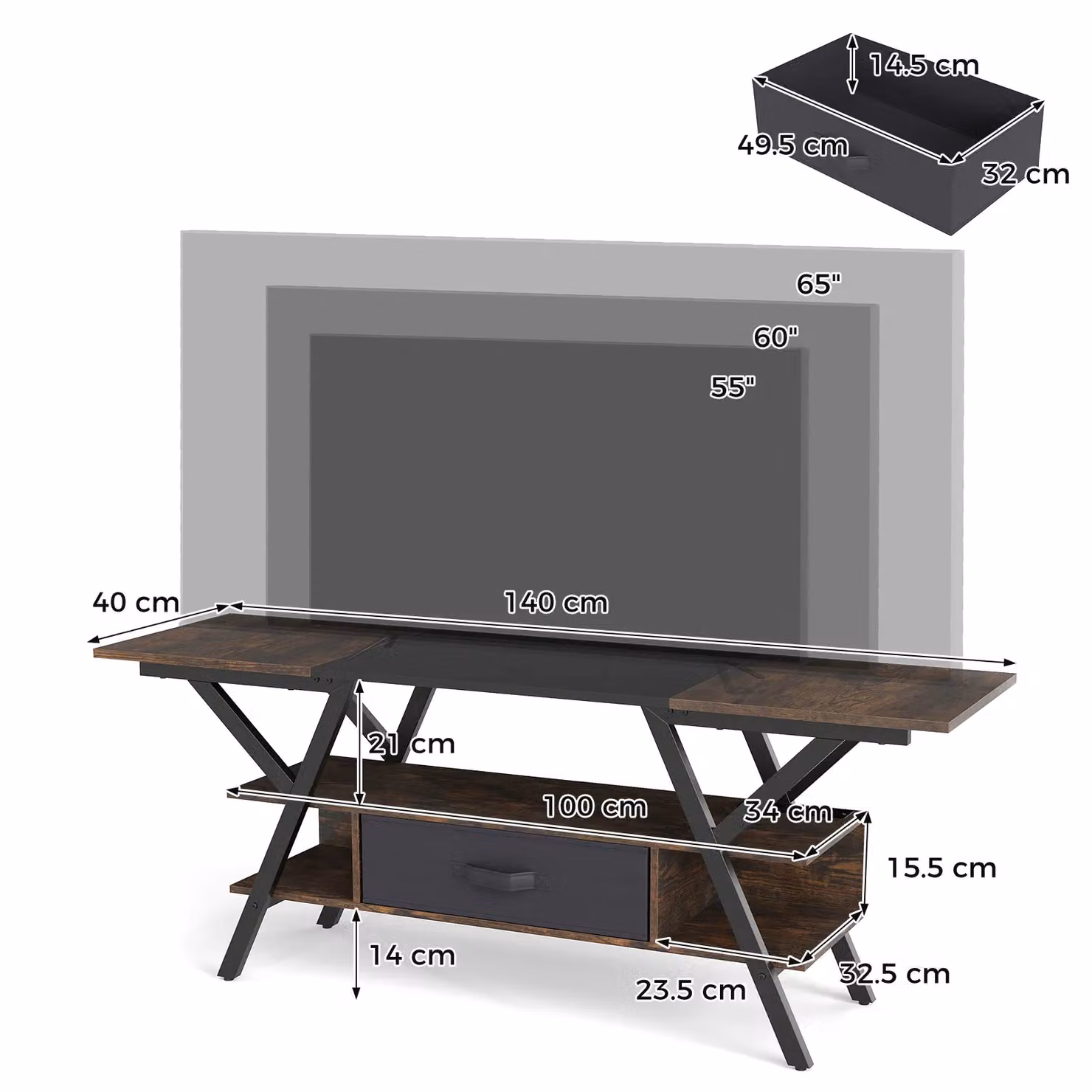 Gymax 3-Tier Industrial TV Stand in Brown with LED Lights and Power Outlets for up to 65 inch TVs – 2