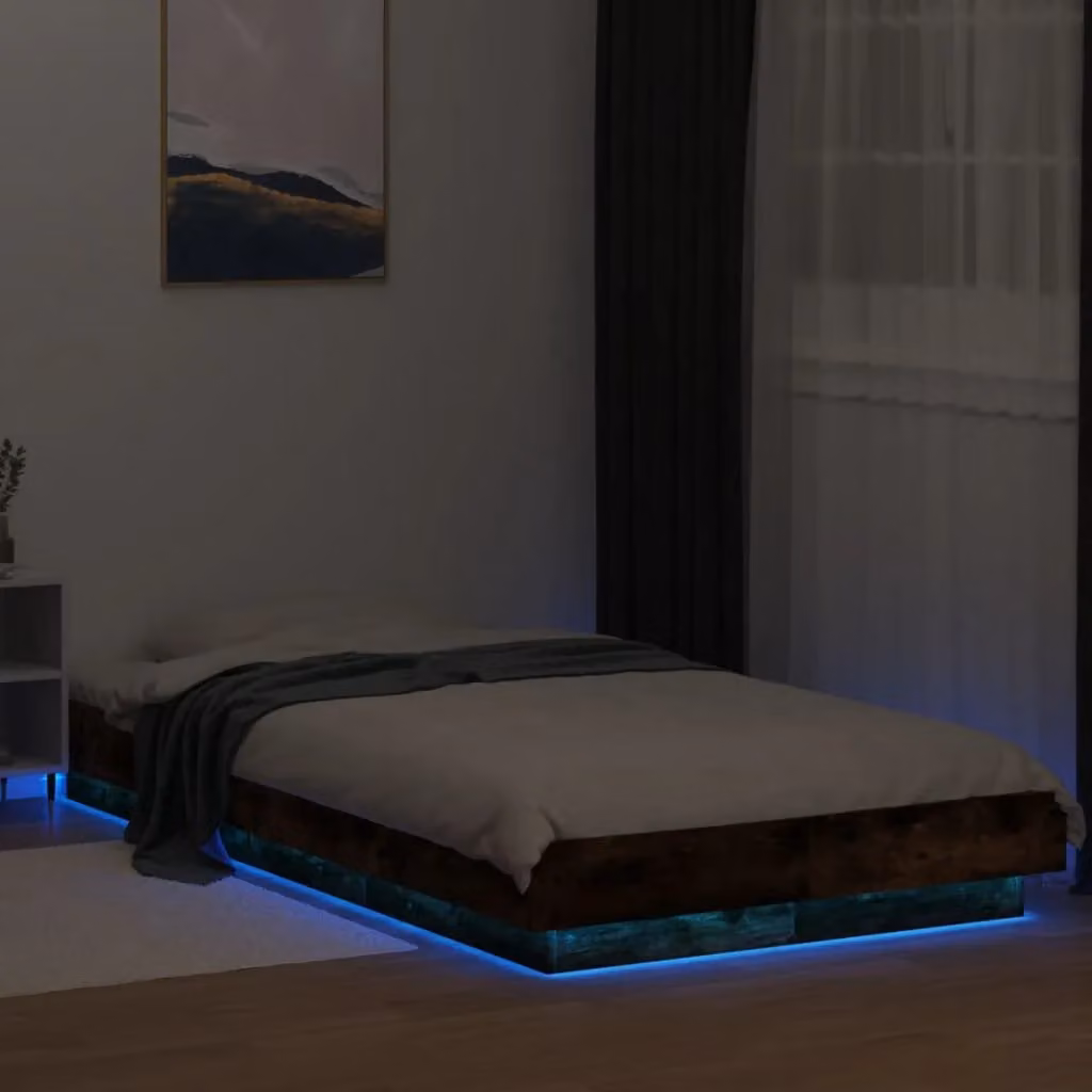 Berkfield Home Modern Bed Frame with LED Lights and USB Charging Port in Smoked Oak Brown, W/D/H: 90 x 200 cm – 2