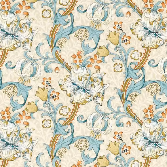 William Morris Golden Lily Fabric Linen in Petrol Blue and Multicolour