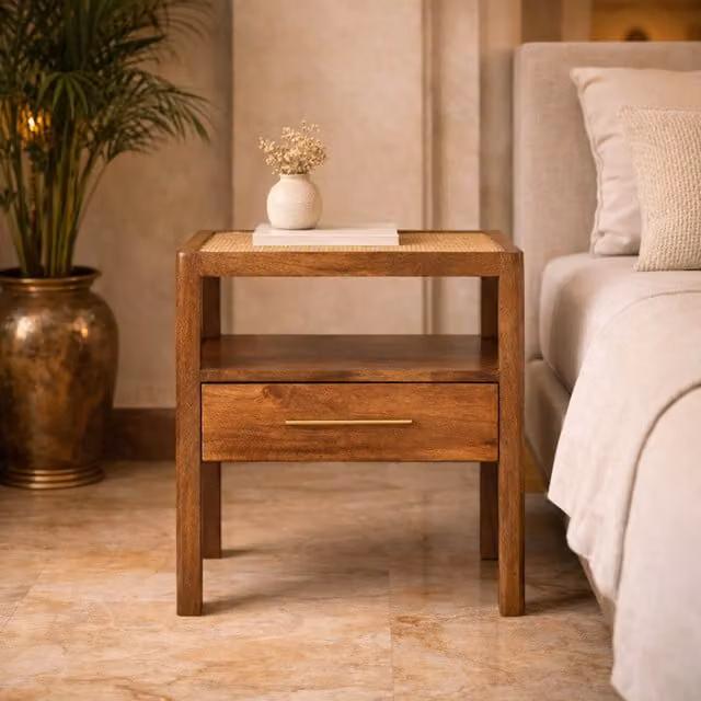 Artisan Furniture The Caldera Mango Wood and Rattan Bedside Stand in Brown