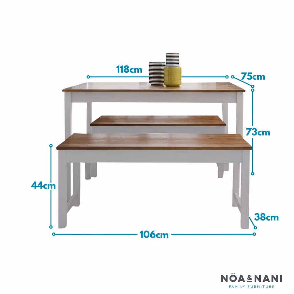 Nöa and Nani Annika Dining Set with Rectangular Table and 2 Benches in Natural Pine and White – 3