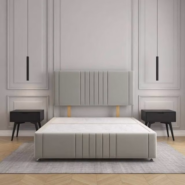 Regional Furnishings Double Upholstered Divan Bed with 24 inch Plush Velvet Headboard in Silver, W/D/H: 140 x 200 cm