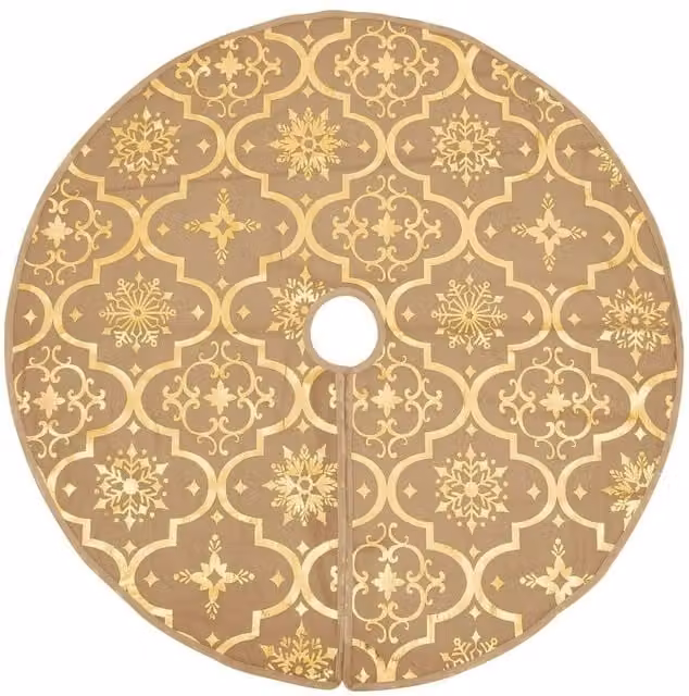 Berkfield Home Luxury Christmas Tree Skirt with Sock in Yellow, Beige and Gold, Diameter: 90 cm – 1