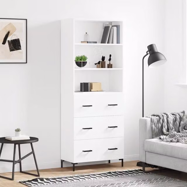Berkfield Home Modern White Highboard with Doors and Open Shelves, W/D/H: 69.5 x 34 x 180 cm