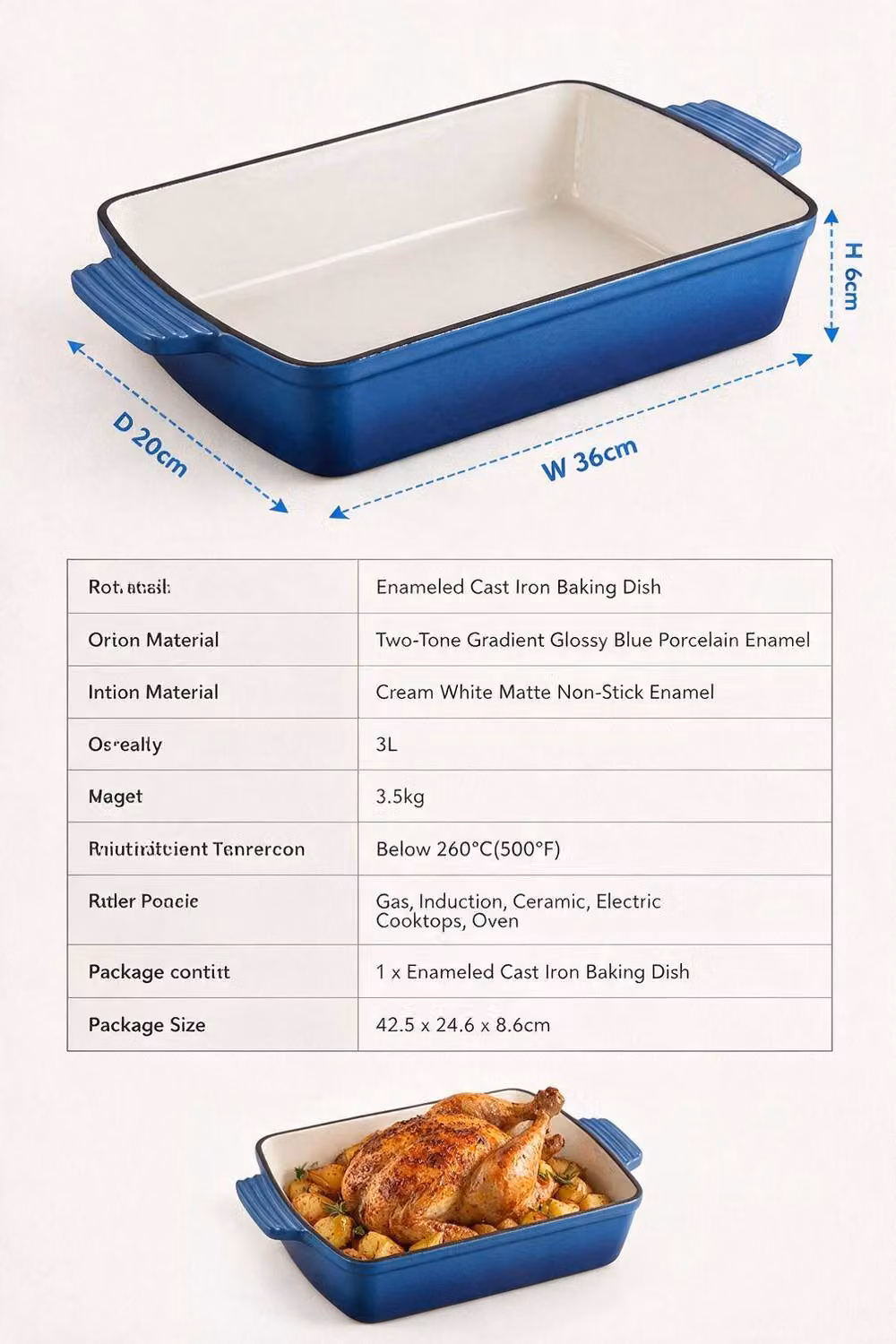ExtraStar Enamelled Cast Iron Rectangular Casserole Dish with Lid and Dual Handles in Blue – 5
