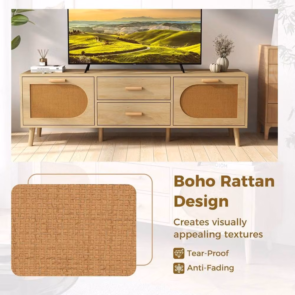 Kelvenix Brown Rattan and Wood Boho TV Stand with Media Compartments, Width: 150 cm – 4