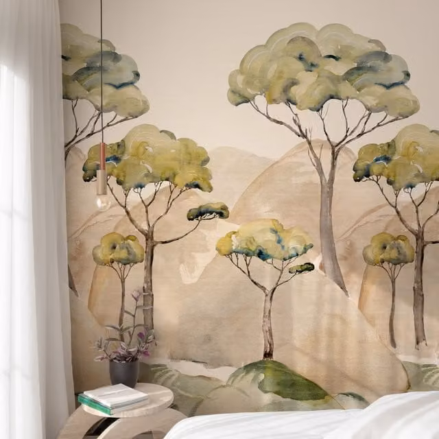 Grandeco Ravello Trees Mountain 3 Lane Repeatable Floral Wallpaper Mural in Green and Brown