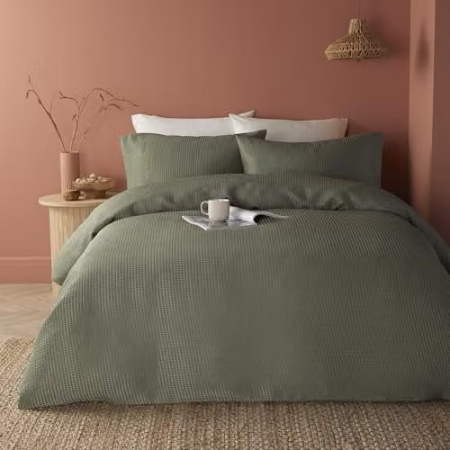 Serene Green Waffle Duvet Cover and Pillowcase Set, W/D/H: 200 x 200 cm