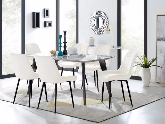 FurnitureboxUK Andria White Marble Effect 6 Seater Dining Table and 6 Pesaro Cream Soft Velvet Chairs – 1