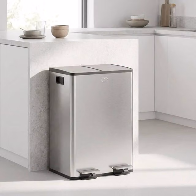 STILVORA Dual Kitchen Bin with Pedal Lid and Odour Filter, 56L, Silver Stainless Steel – 1