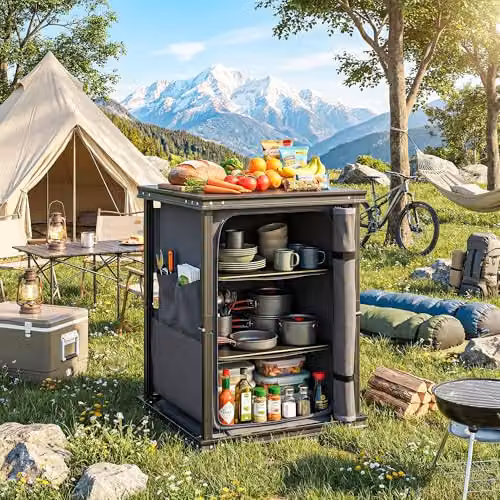 Outsunny Folding Portable Camping Kitchen Table and Cupboard in Black – 8