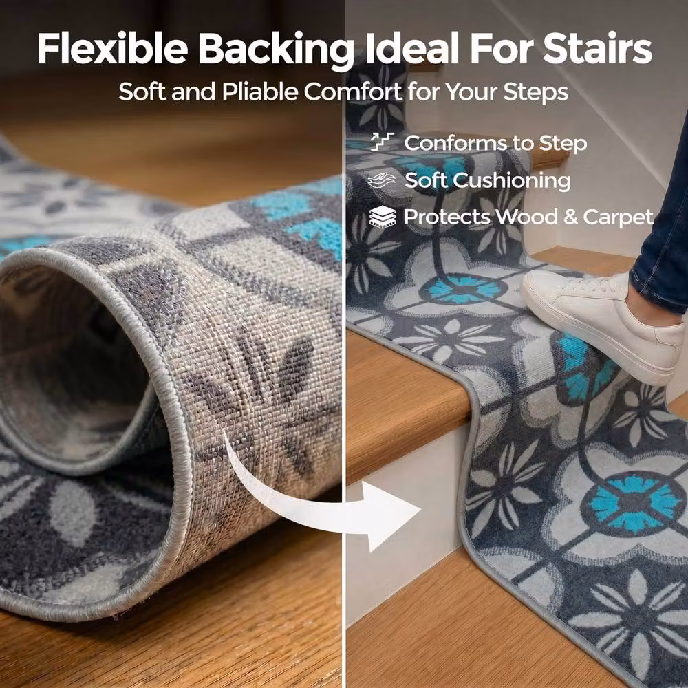Bravich LTD Floral Tile Hallway Runner Rug in Blue, Non-Slip Low Pile Polypropylene Carpet, W: 60 cm, L: 600 cm – 3