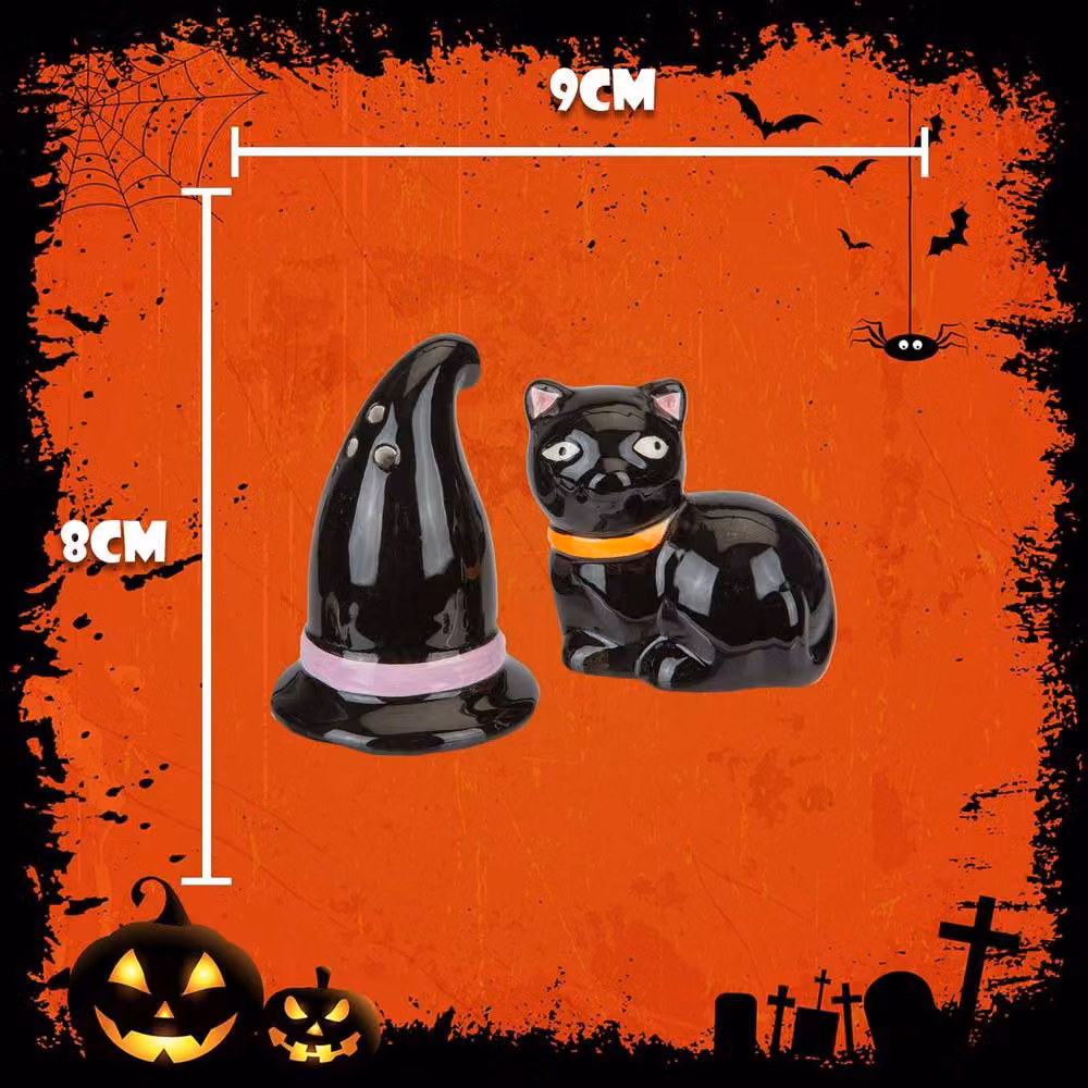 VFM e-Store Halloween Black Ceramic Hat and Cat Cruet Set for Tabletop Decoration – 2