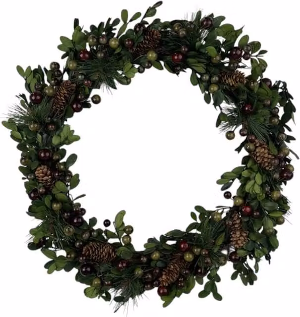 Four Candle Green Pinecone and Berry Hanging Wreath, Diameter: 39 cm