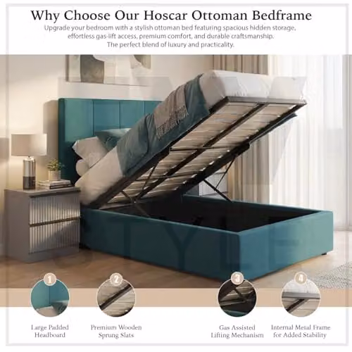 FWStyle Hoscar Single Ottoman Storage Bed in Dolphin Blue, Upholstered with Lift-Up Base, W: 113 cm, D: 109 cm, H: 209 cm – 3