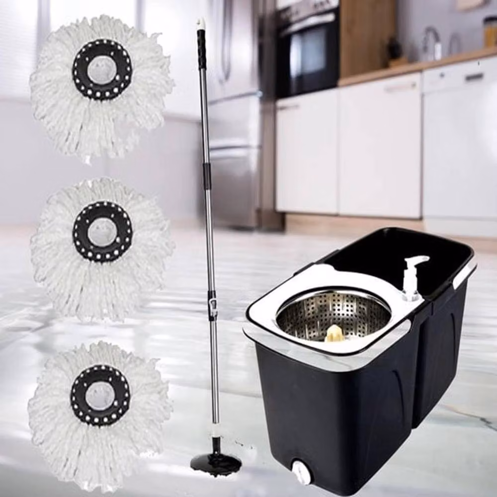 Havendro Black 360 Spin Mop and Bucket Set with 2-Tank System and 3 Microfibre Heads – 3