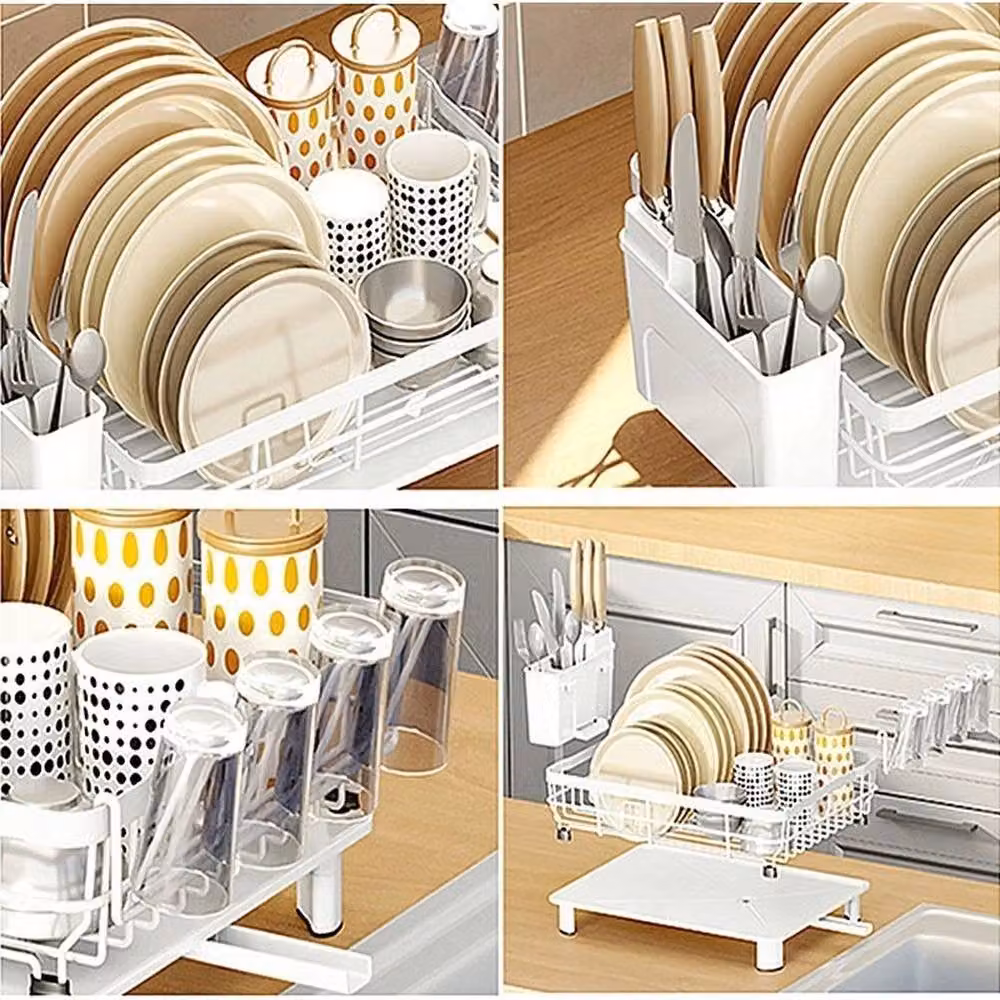 FORGEVIO White Coated Steel Dish Drainer Rack with Cutlery Holder, Cup Holder and Drip Tray – 2